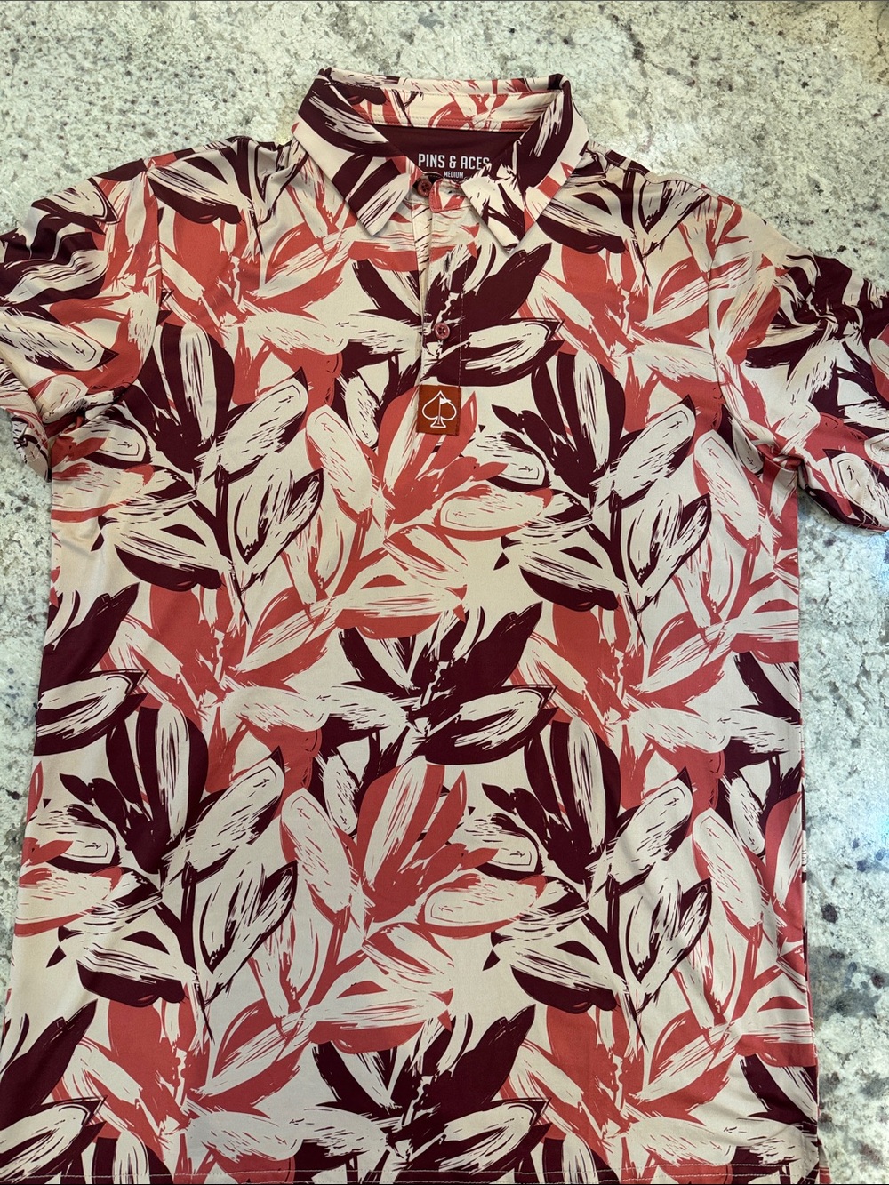 Pins & Aces Men's Coral and Cream Leaf-Print Polo
